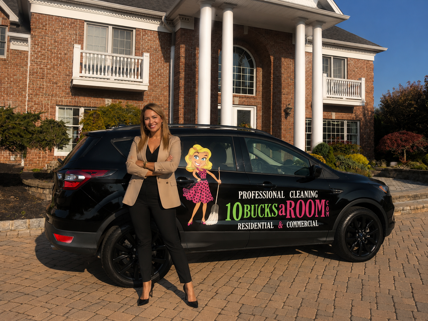 Manny with her 10BucksARoom branded vehicle in front of a home