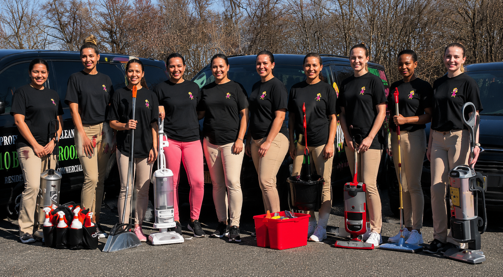 CleanBucks cleaning team with branded vehicles and equipment