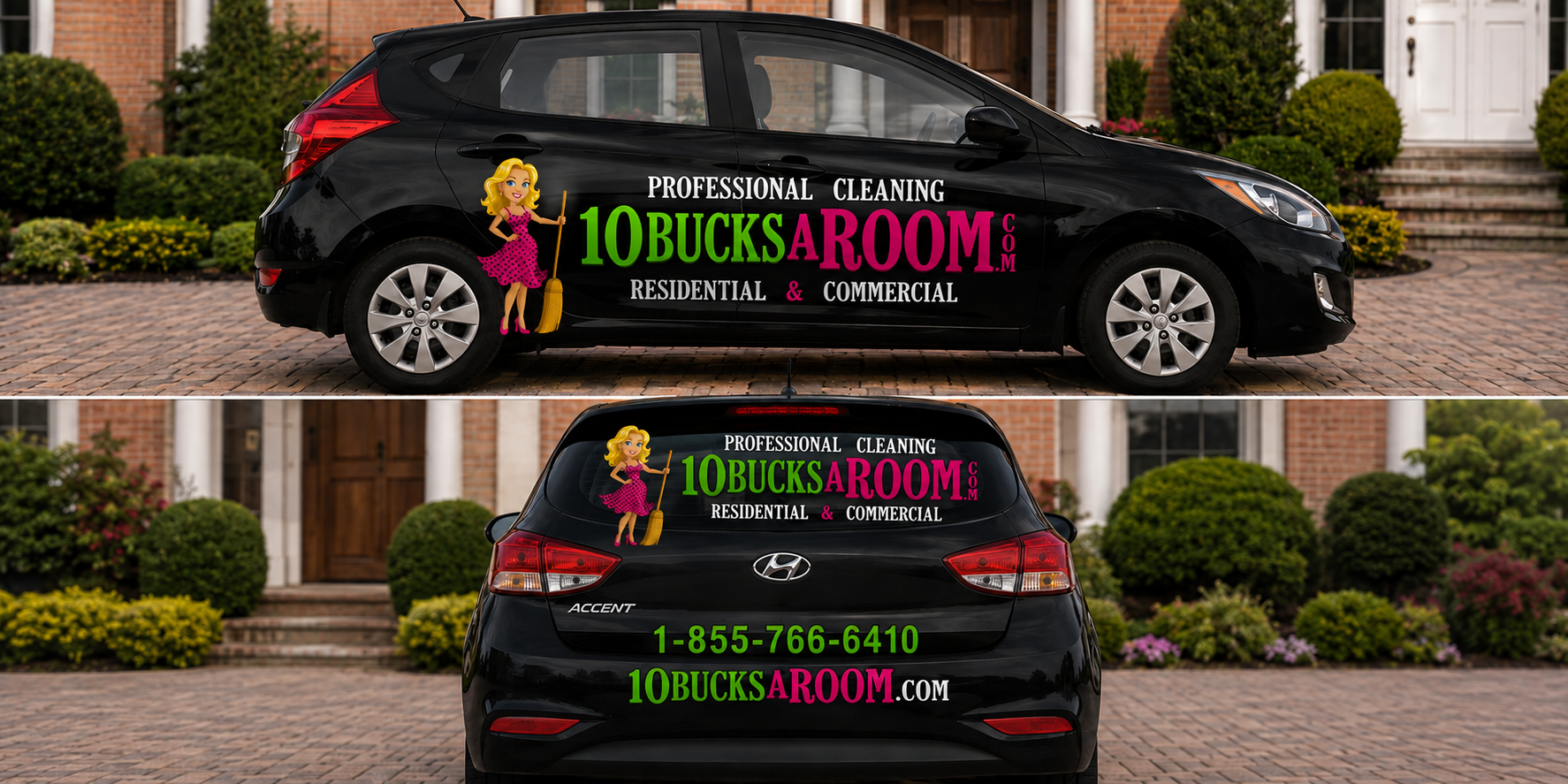 Compact car mockup wrapped in 10BucksARoom branding showing side and rear views