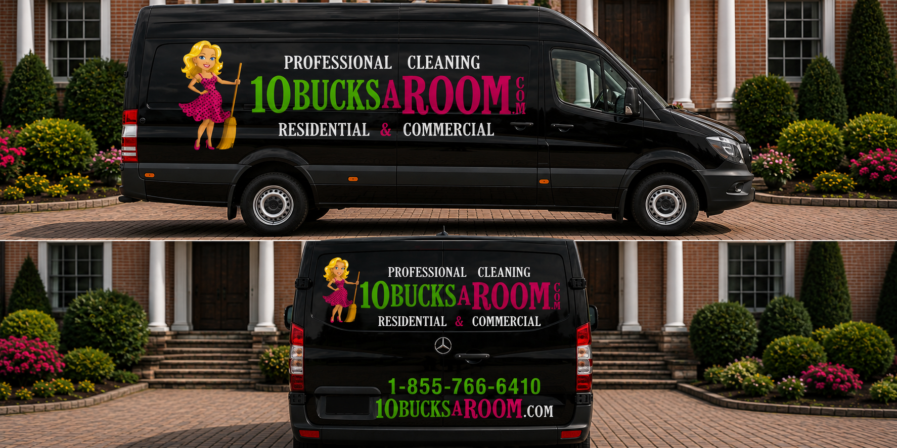 Large cargo van mockup wrapped in 10BucksARoom branding showing side and rear views