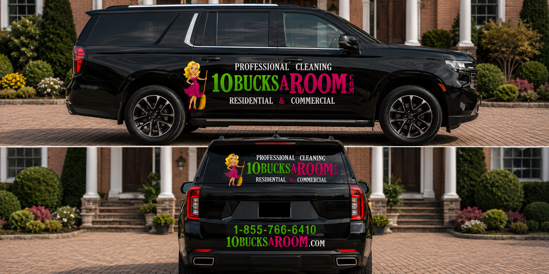 Large SUV mockup wrapped in 10BucksARoom branding showing side and rear views