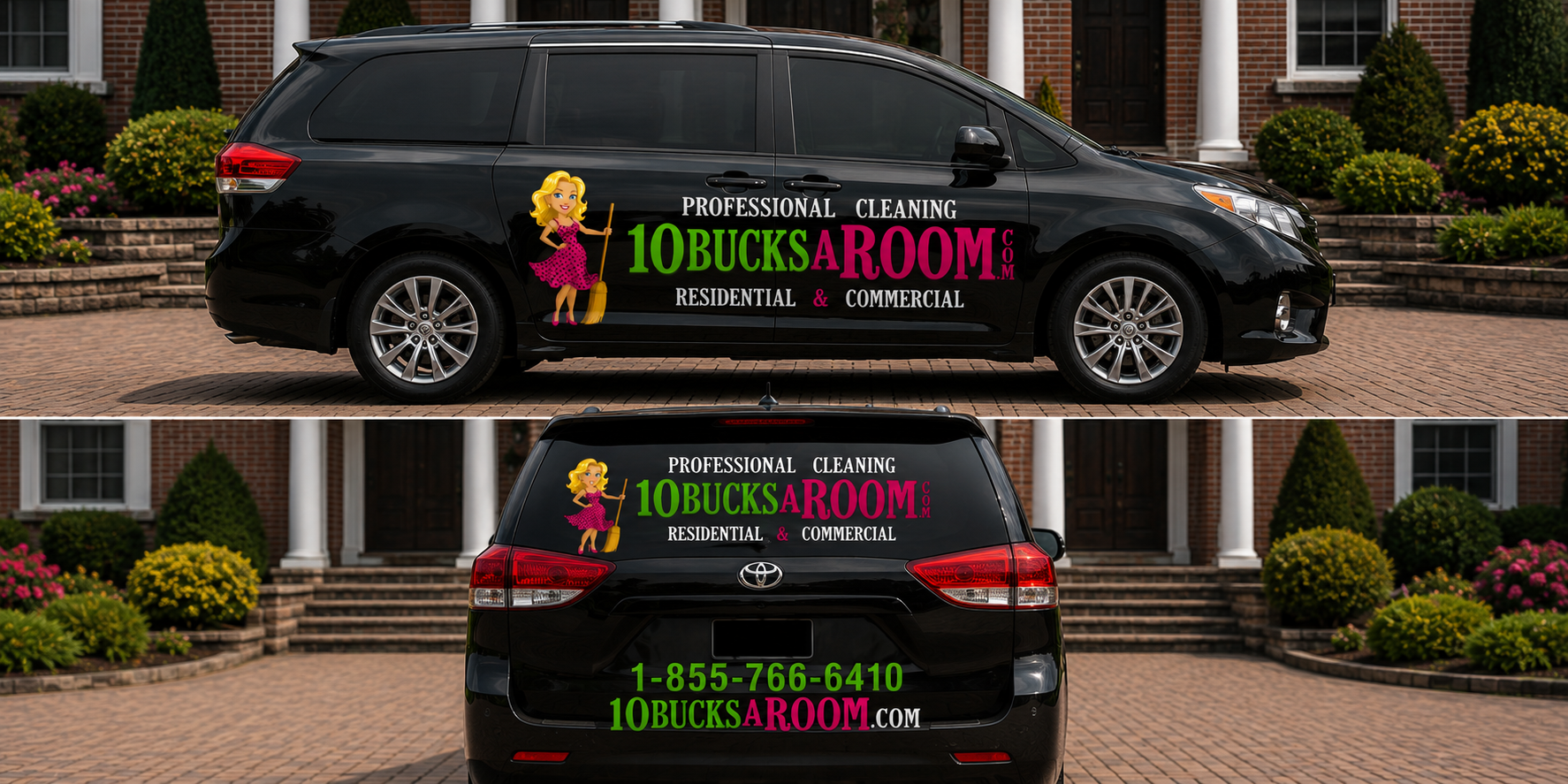 Mini van mockup wrapped in 10BucksARoom branding showing side and rear views