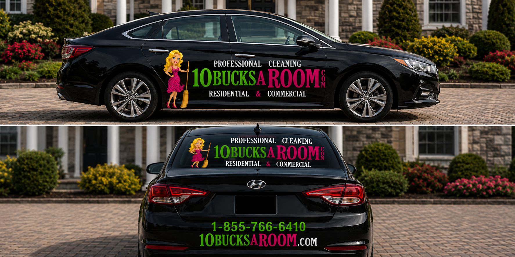 Sedan mockup wrapped in 10BucksARoom branding showing side and rear views
