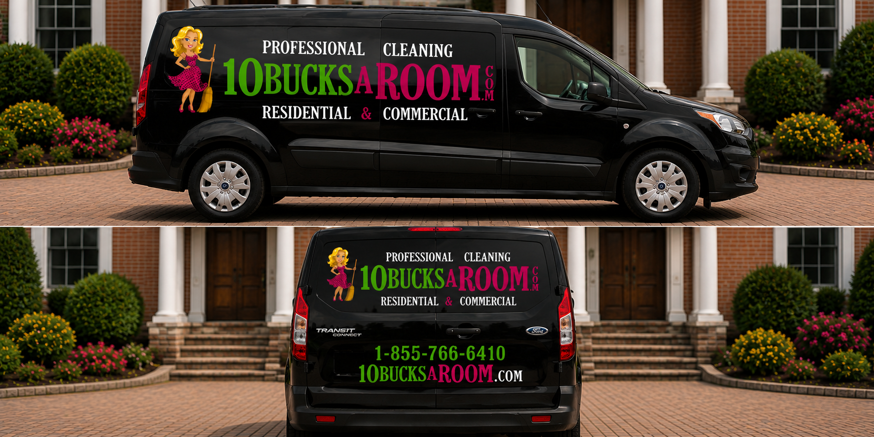 Small cargo van mockup wrapped in 10BucksARoom branding showing side and rear views