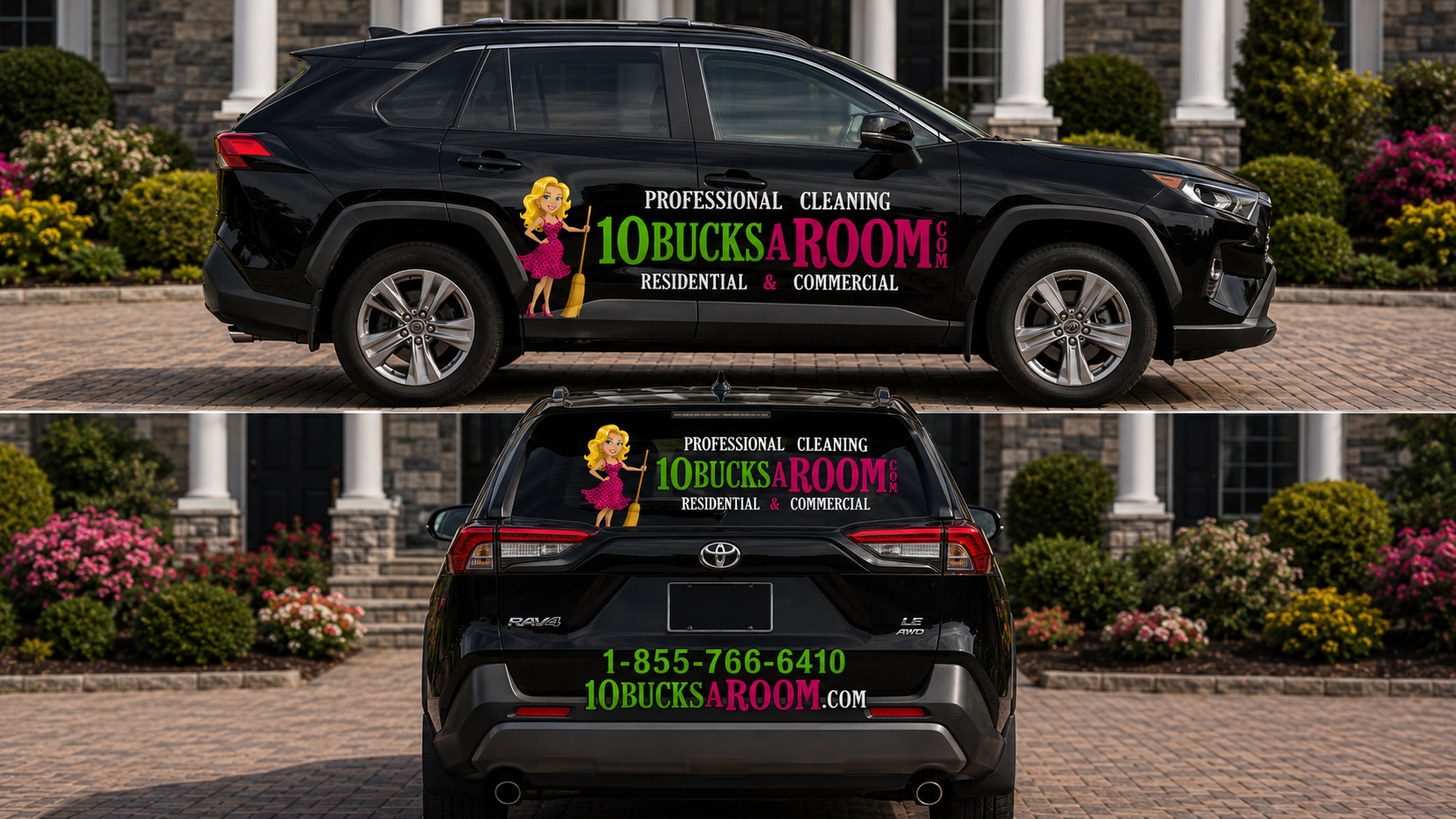 Small SUV mockup wrapped in 10BucksARoom branding showing side and rear views